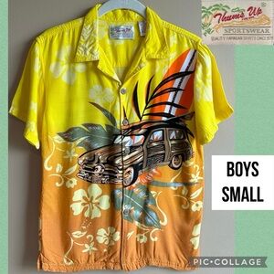 VTG Thum Up Boys Shirt Hawaiian Button Up Shirt Surf Board Car Vacation Yellow S
